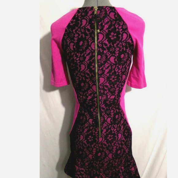 JUICY COUTURE Stretch knit Tulip retro Dress sz 0 Hot Pink Black Lace scoop neck - Picture 7 of 9